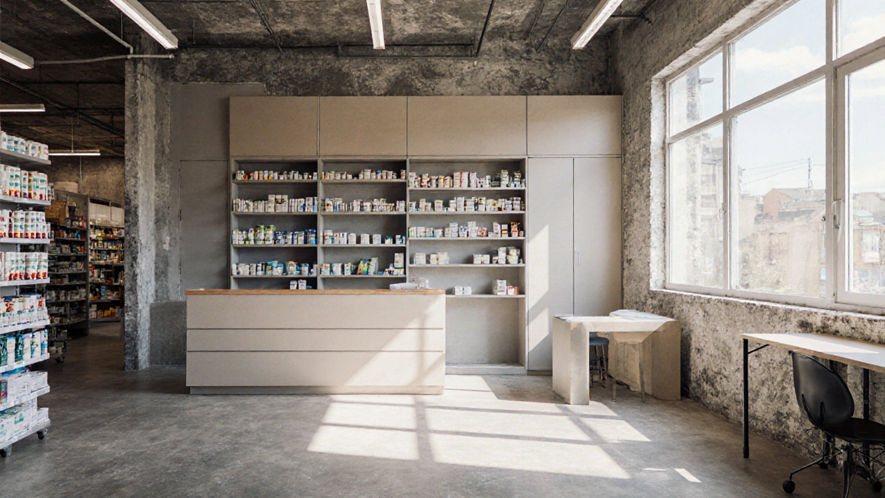 Adaptable commercial interior with pharmacy counter and fulfillment shelves.