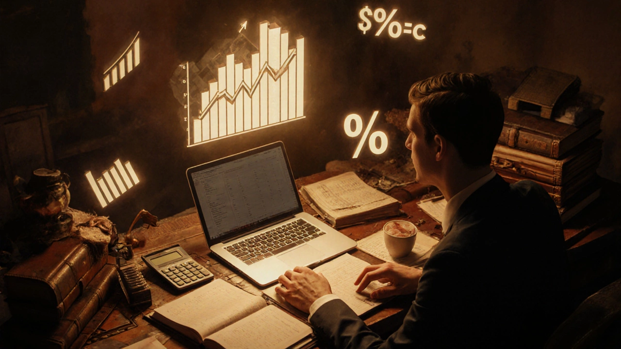 Agent at desk with floating financial data including commission splits and rental yield formulas.