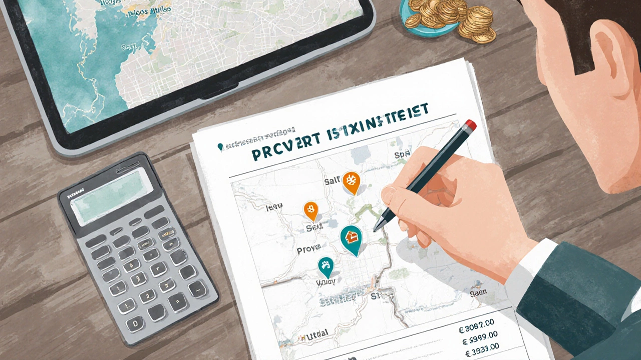 Buyer reviewing a tax estimate sheet with a calculator and Utah map showing city markers.