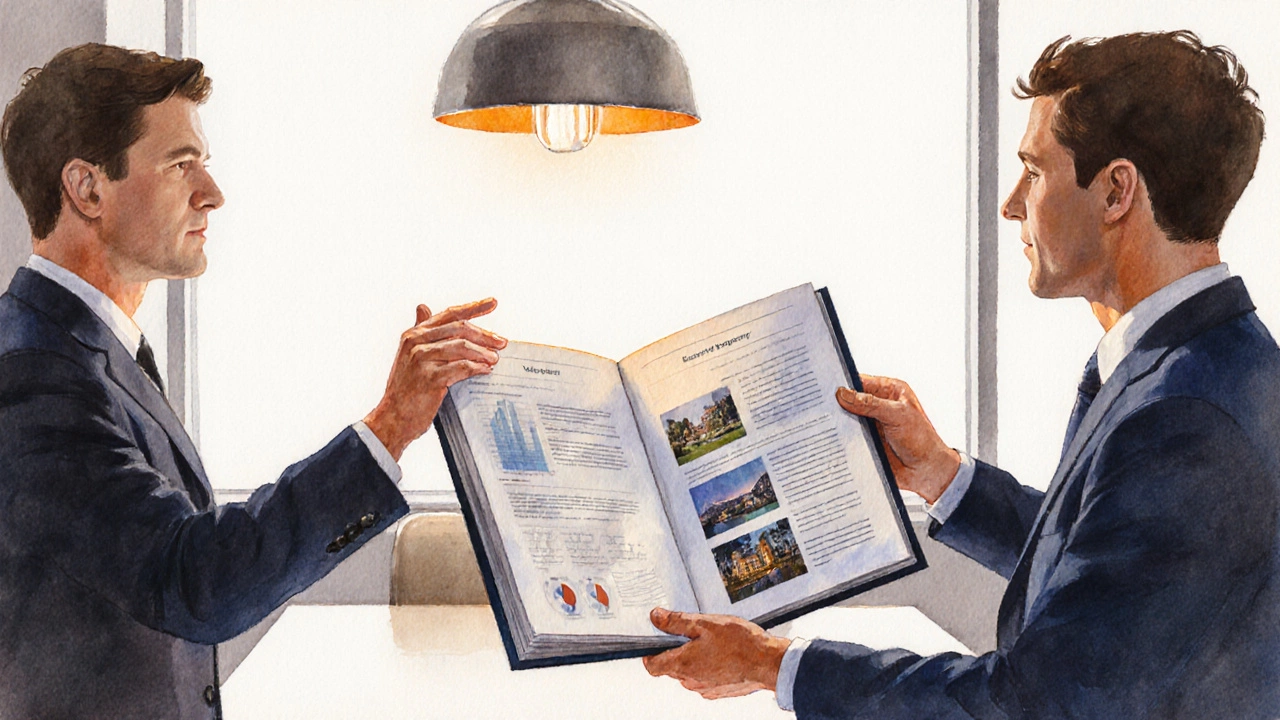 Client and valuer discussing a detailed valuation report in a warm conference room.