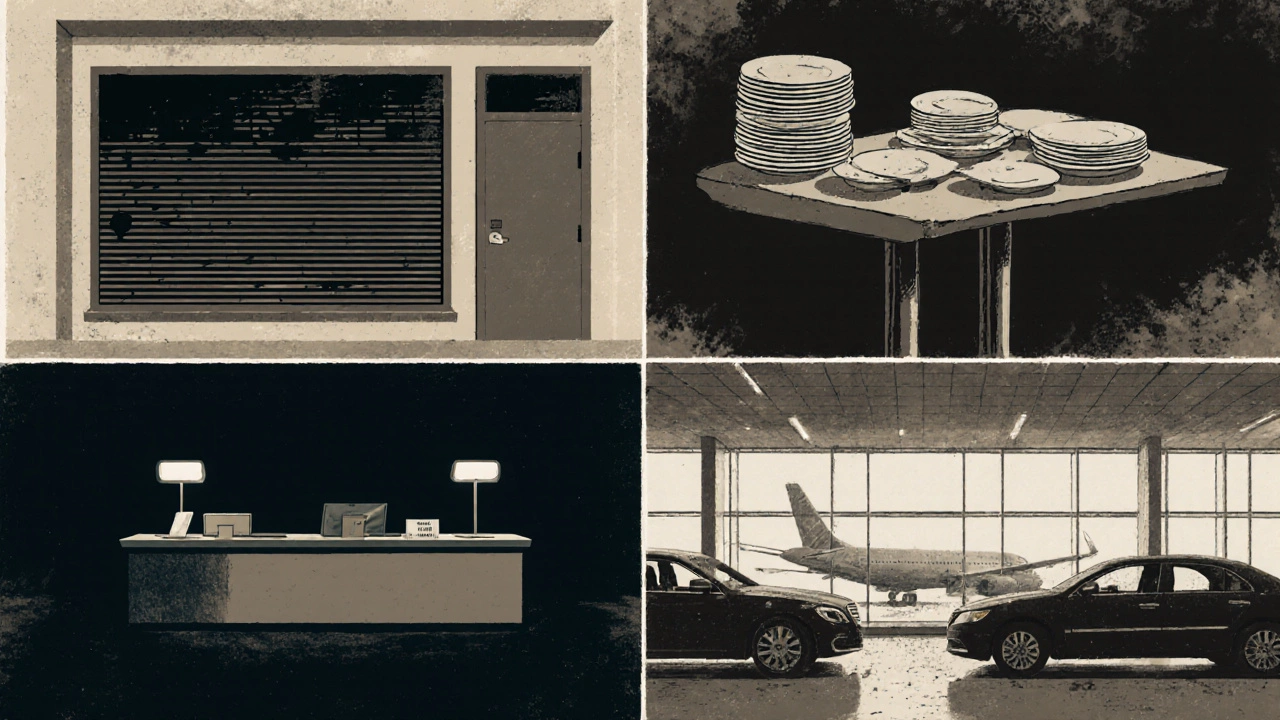 Collage of closed boutique, vacant restaurant, empty airport desk, and silent car lot.