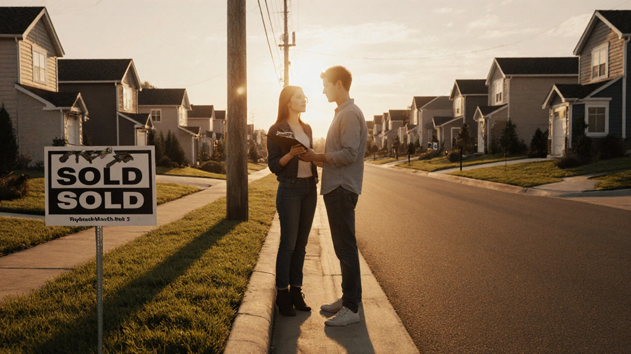 Couple holding house keys on a sunrise‑lit suburban street, symbolizing hopeful home purchase.