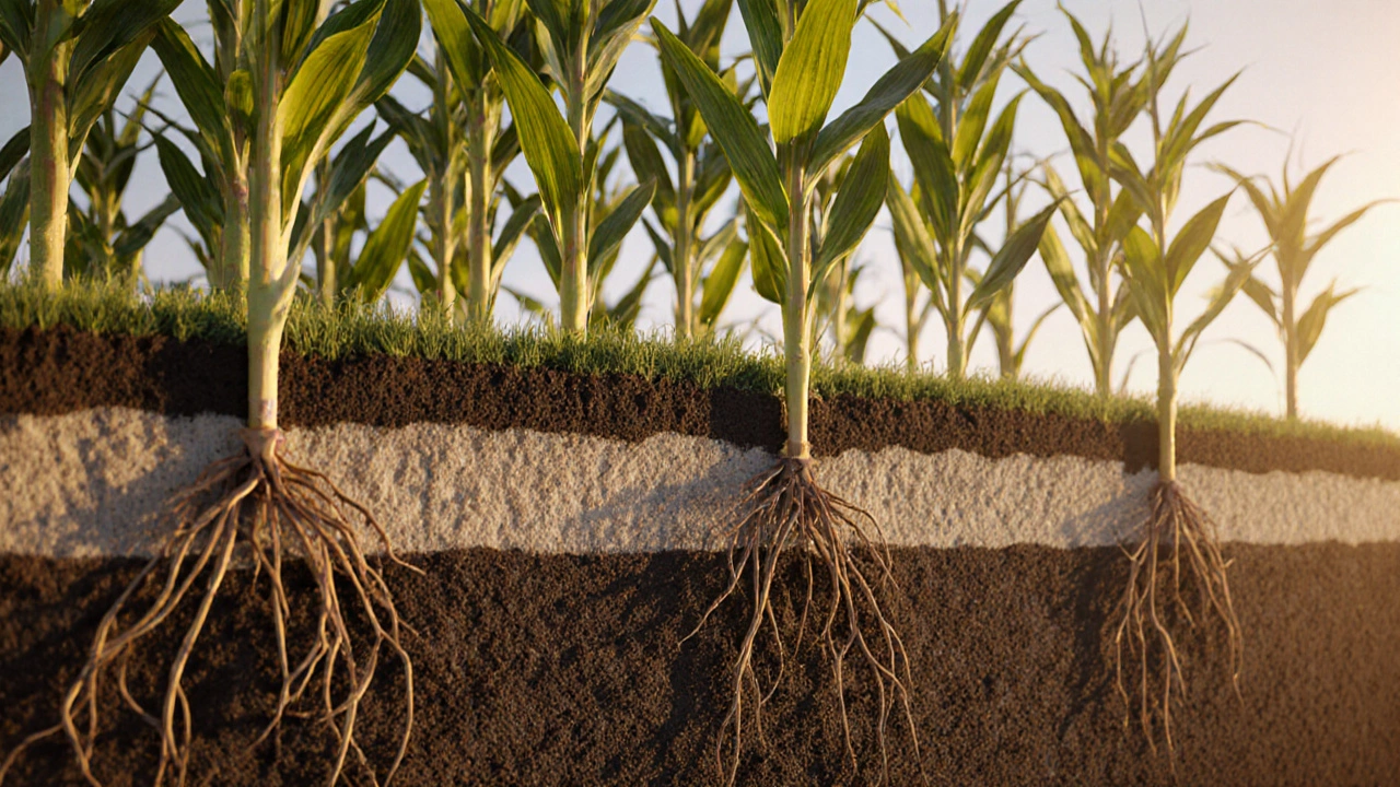 Cross‑section view of Iowa soil showing deep dark Mollisol and corn roots.
