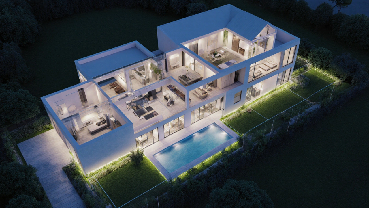 Cut‑away view showing interior rooms and garden of a modern villa.