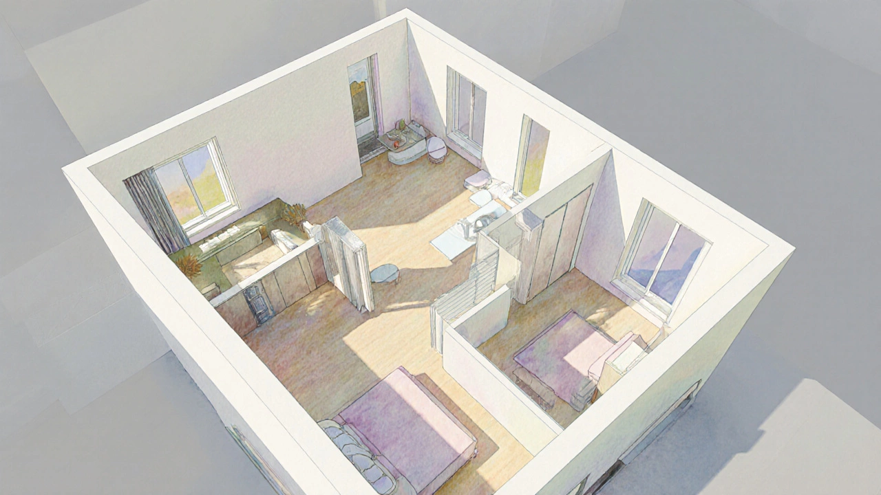 Cutaway view of a T2 apartment showing living area, kitchen, two bedrooms and bathroom.