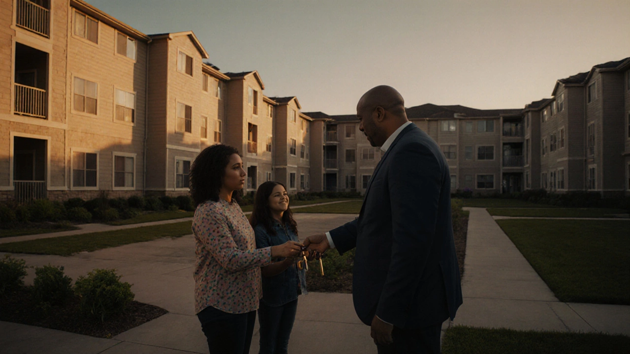 Evening scene of a family getting keys in front of an affordable housing complex.