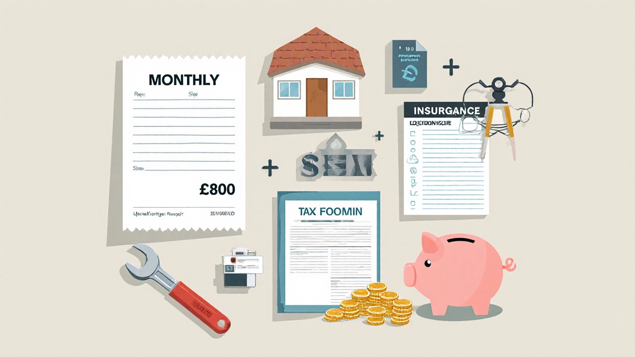 Flat lay of rent receipt, mortgage statement, bills, wrench, tax form, and piggy bank.