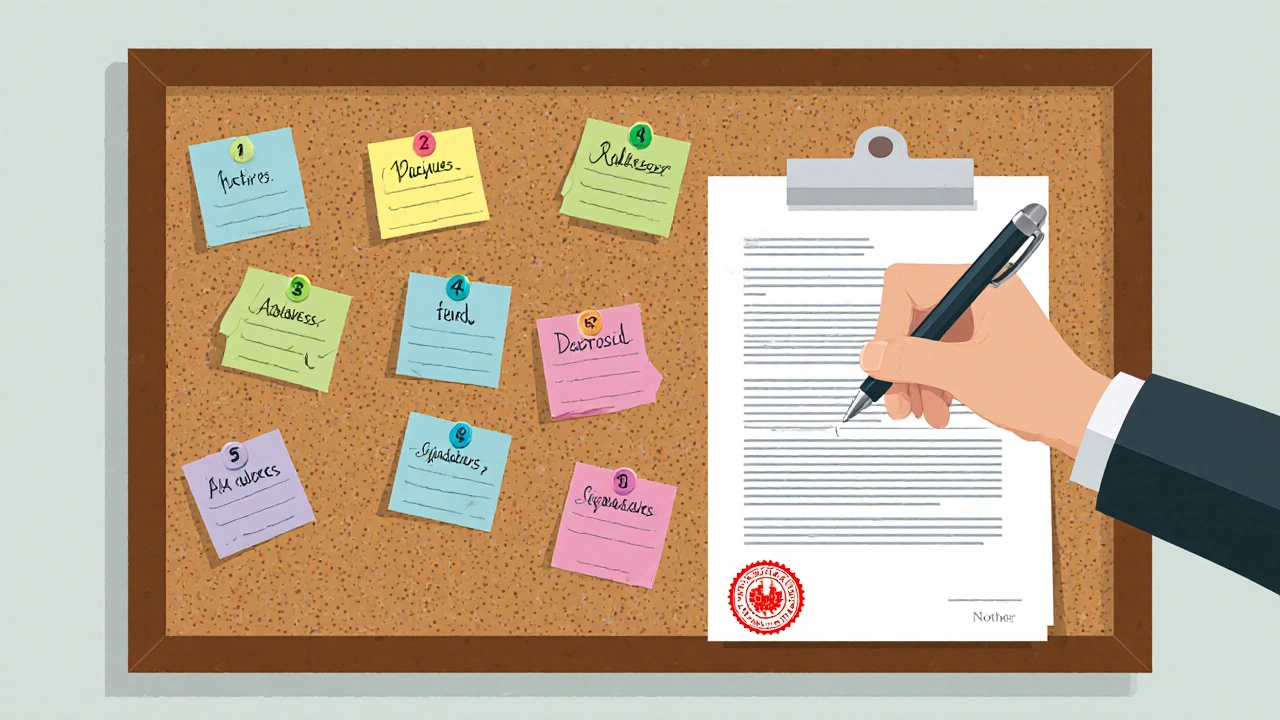 Hand holding a pen over a signed handwritten lease with a notary seal and checklist notes.