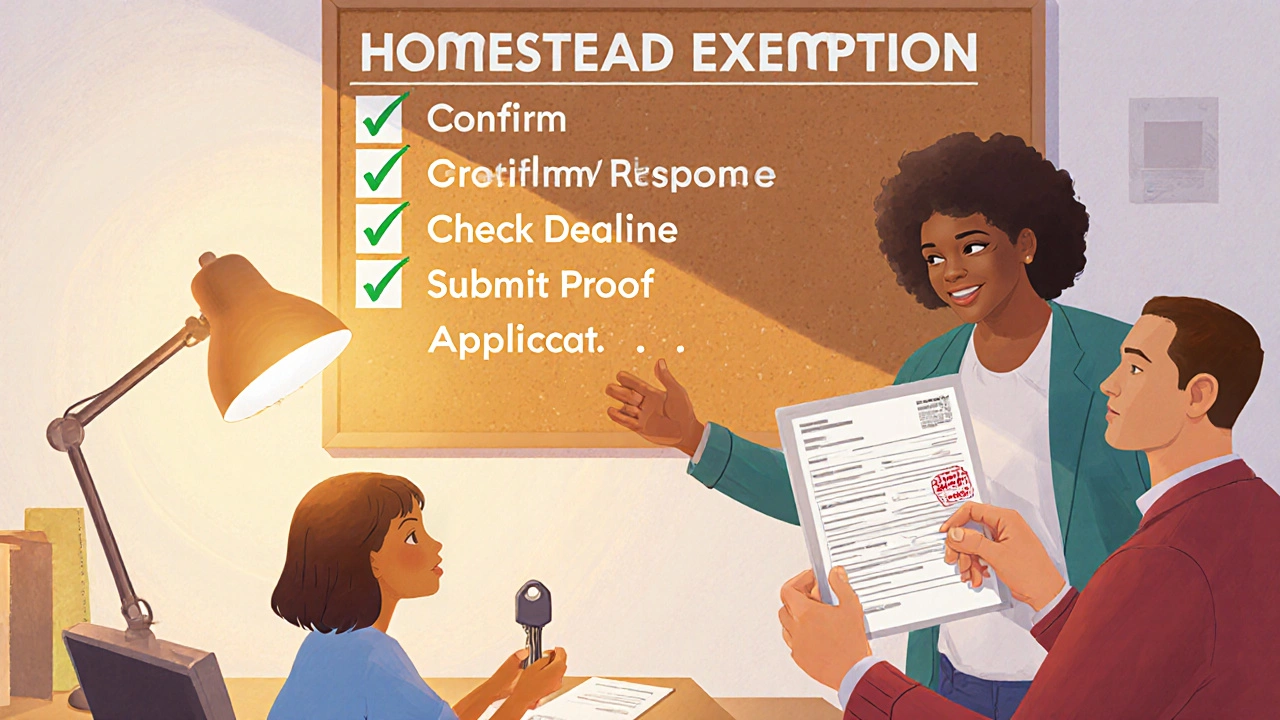 Home office showing a checklist and family reviewing homestead paperwork.