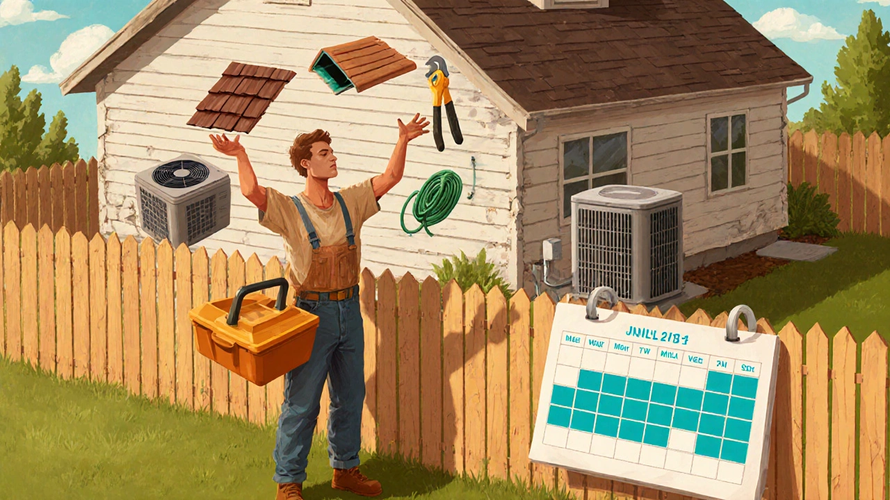 Homeowner juggling tools, roof shingle, and garden hose with a calendar, showing maintenance costs.