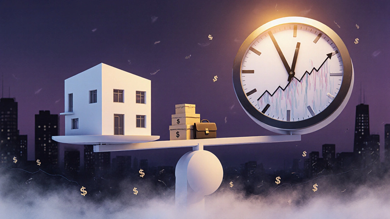 House on a scale opposite a clock and moving boxes, symbolizing market risk and flexibility loss.