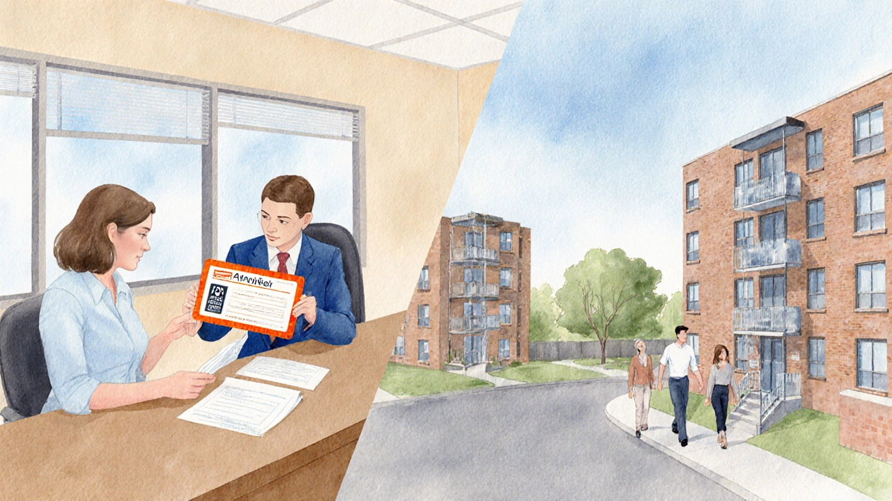 Illustration of a housing office with a family receiving a voucher and two housing scenarios.
