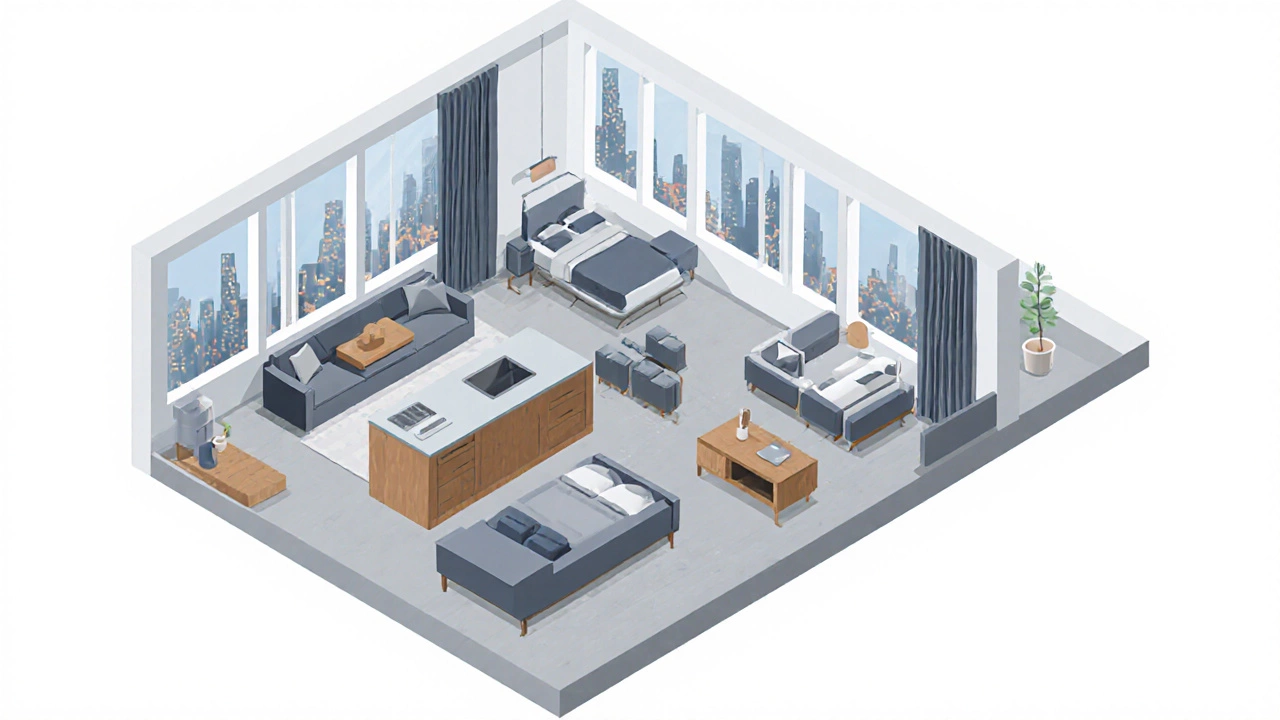 Isometric view of a 2,000 sqft two‑ to three‑bedroom apartment floor plan.