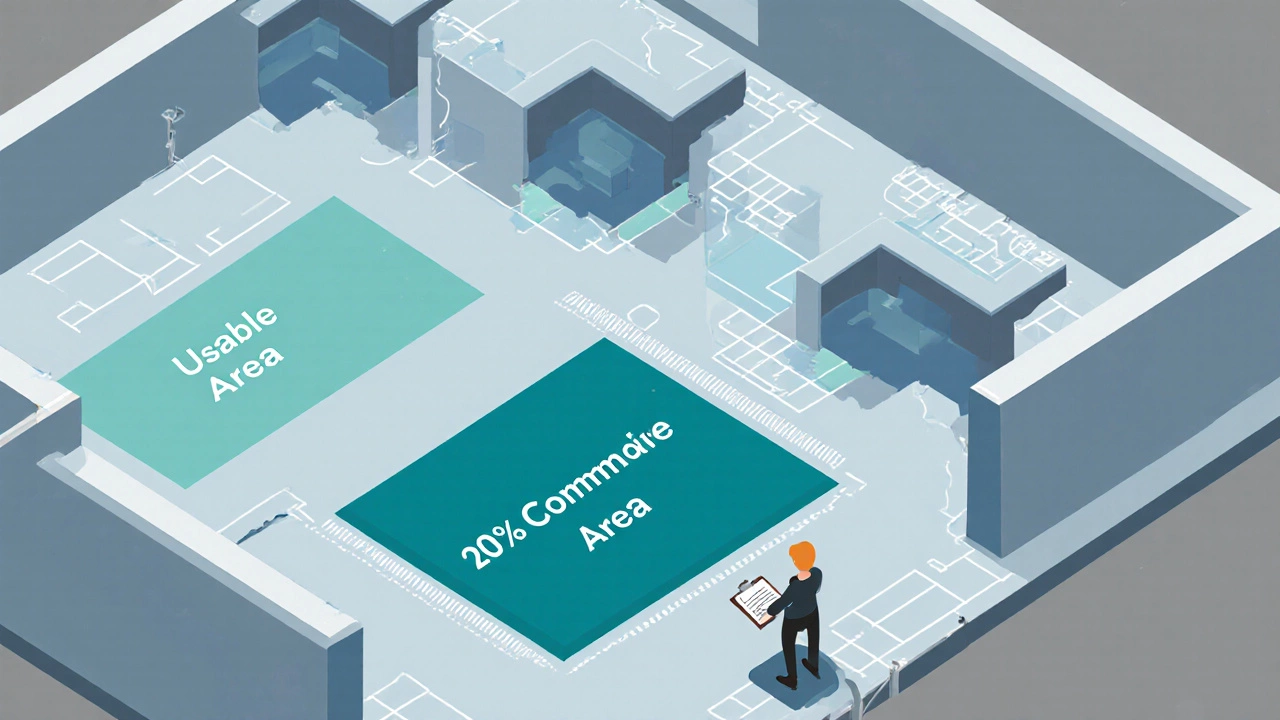 Isometric view of a commercial floor plan highlighting rentable and usable areas.