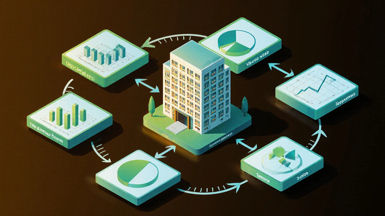 Isometric view of an office building surrounded by floating finance panels showing a yield formula.