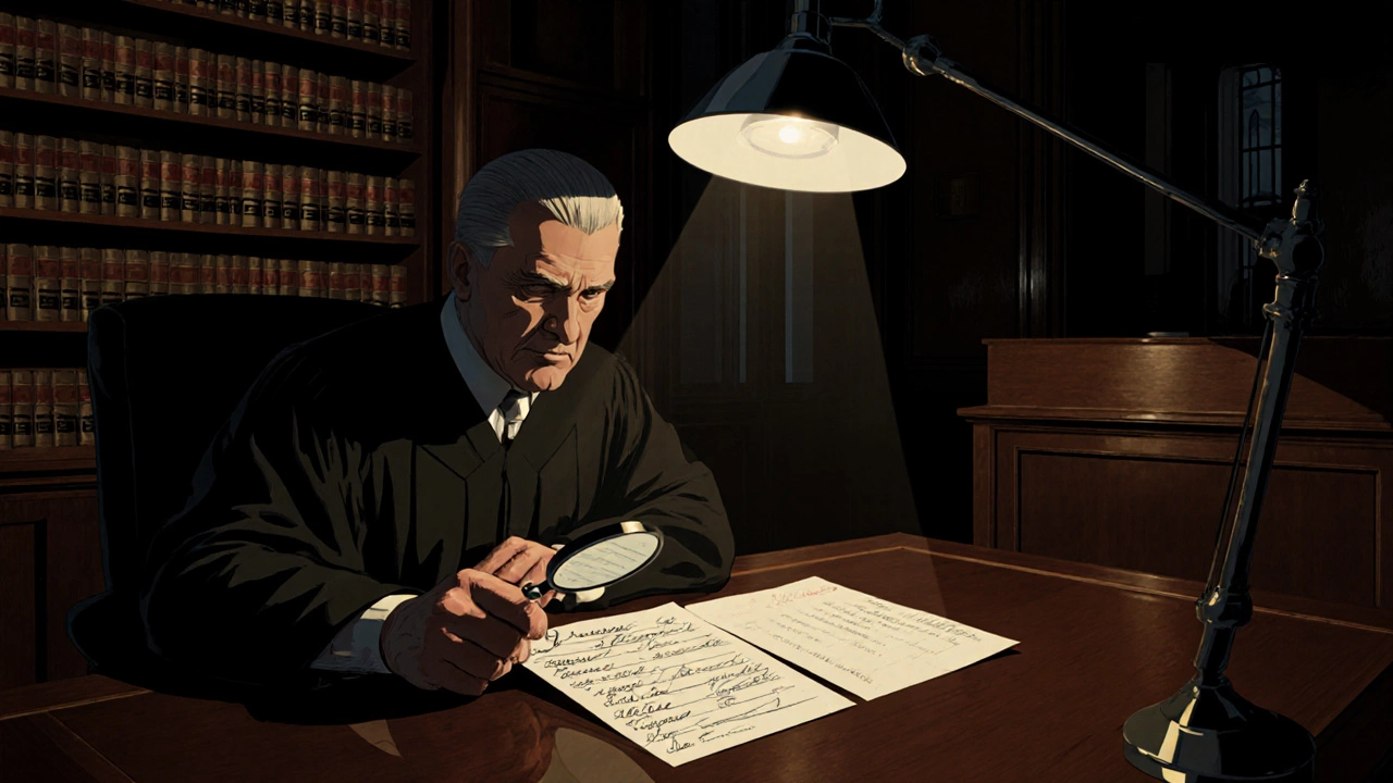 Judge examining a handwritten lease with a magnifying glass in a courtroom.