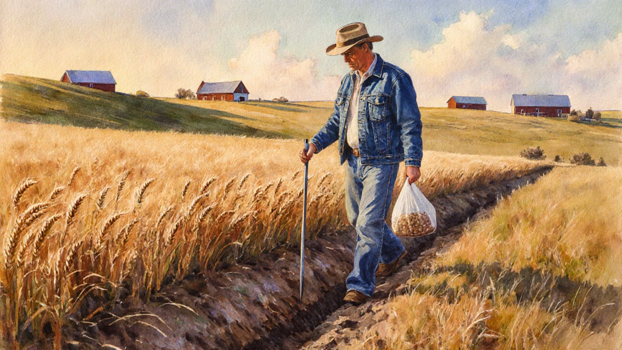 Land buyer probing soil in a sunrise field with rolling hills.