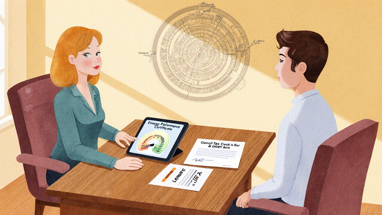 Landlord and tenant reviewing documents in an office with a subtle London map backdrop.