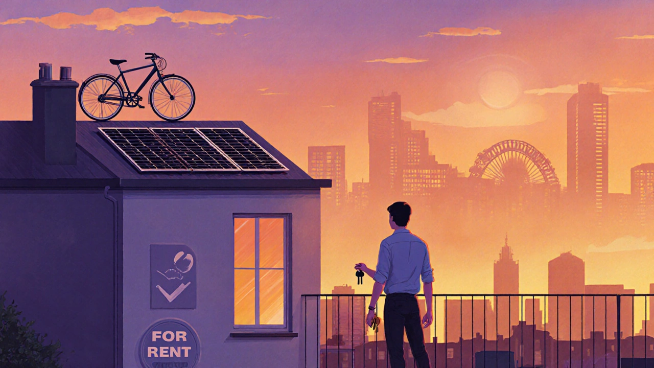 Landlord on balcony overlooking city skyline with solar panels and a For Rent sign.