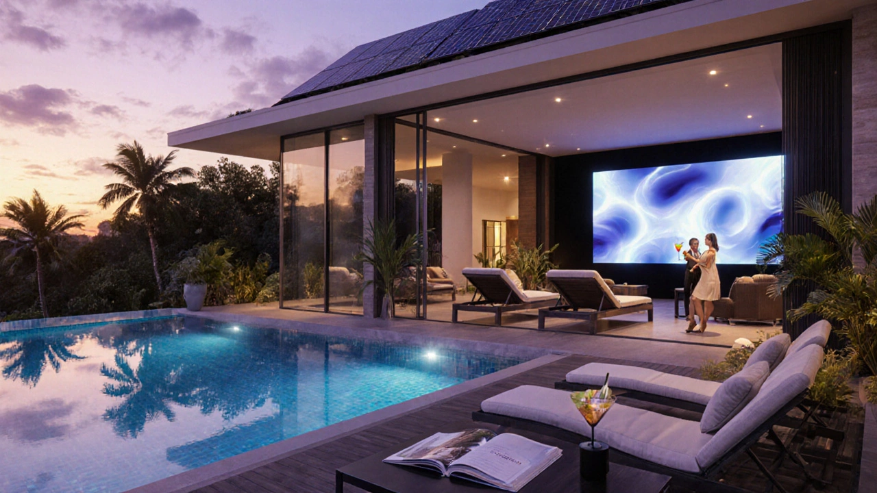 Luxury villa with pool, home cinema, and solar panels under warm sunset lighting.