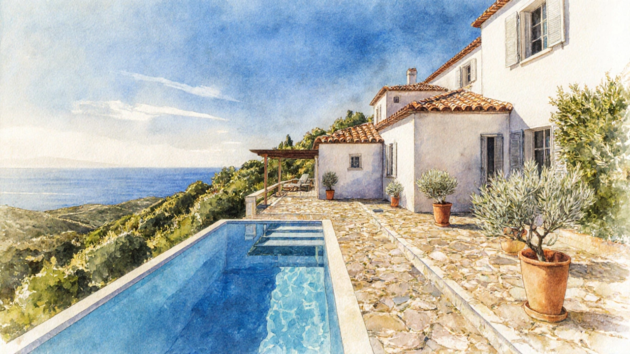 Mediterranean hillside villa with pool and terracotta roof.