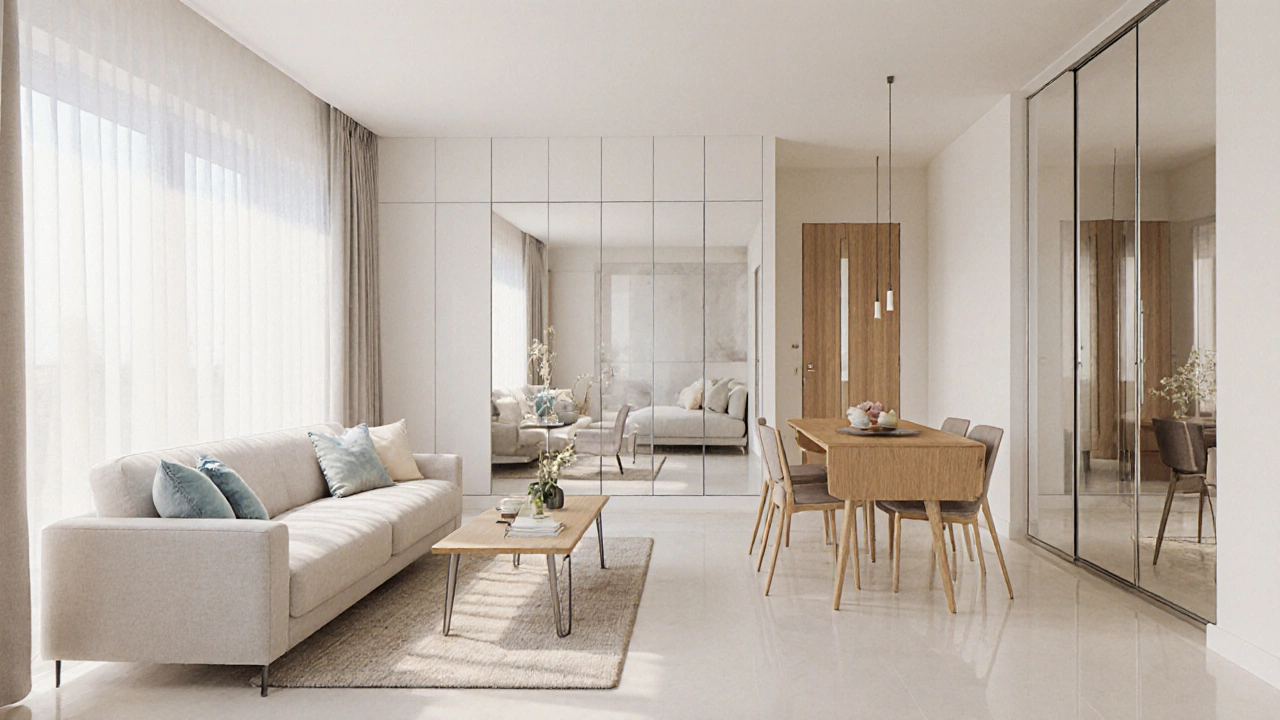 Open‑plan living space with sofa‑bed, wall‑mounted table, tall wardrobes, and mirrored wall.