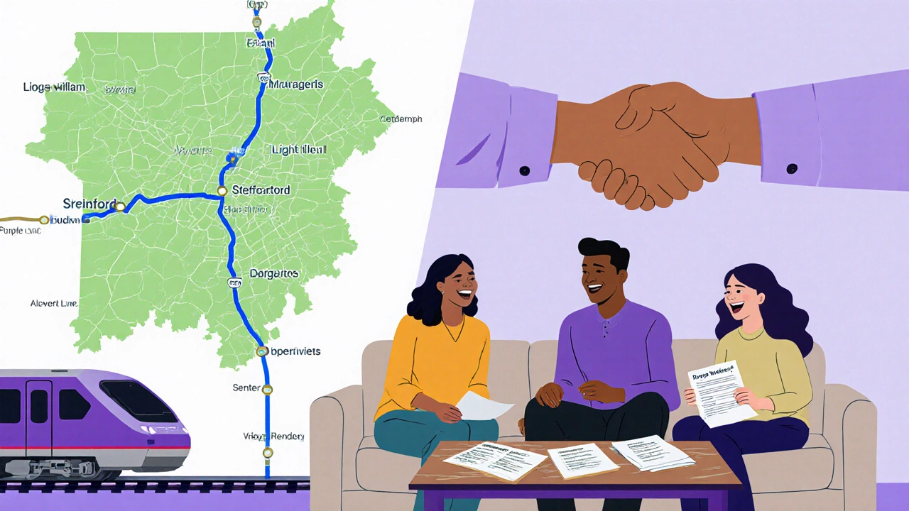 Roommates sharing a living room, handshake for lease, map of nearby counties, and light rail train representing future solutions.