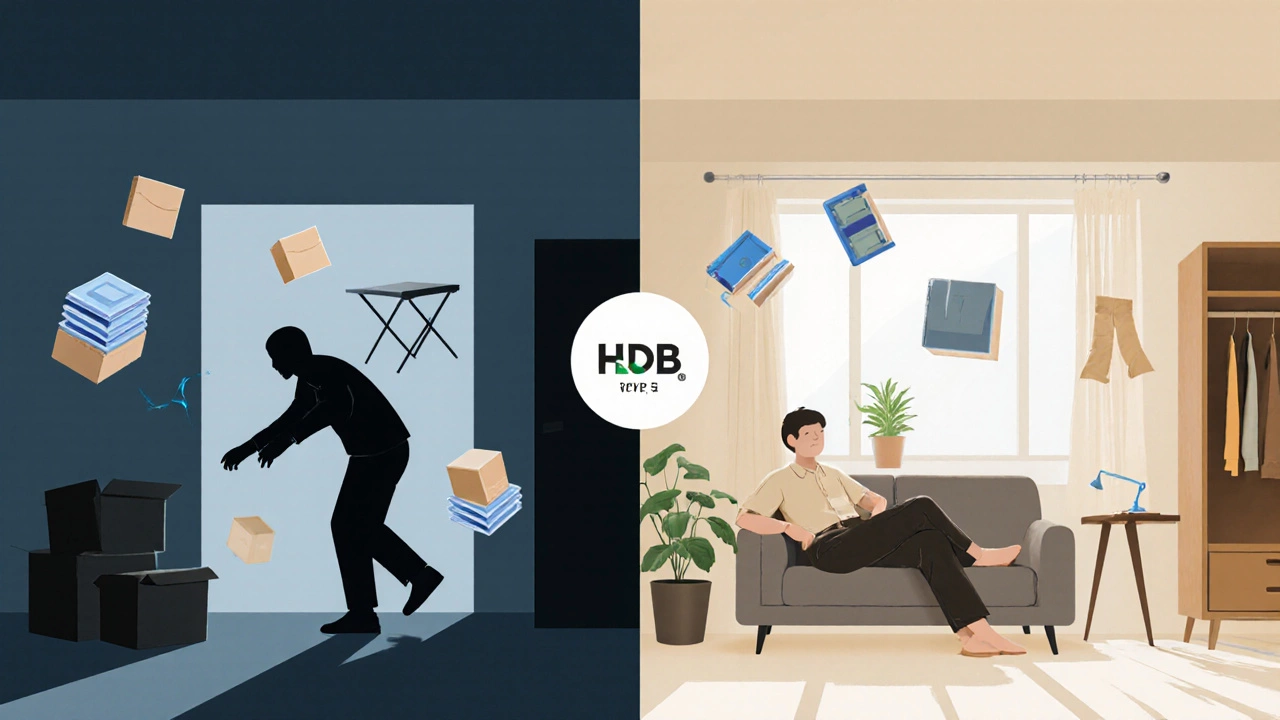 Split image contrasting cramped Type 1 flat with comfortable Type 2 flat, showing lifestyle differences.