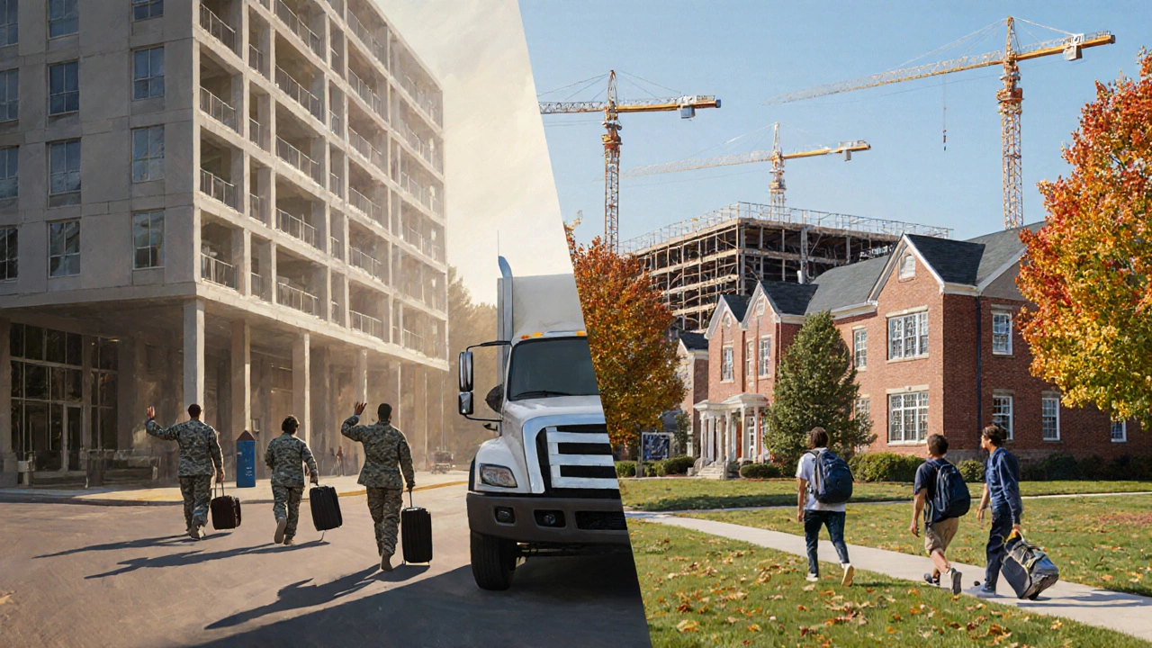 Split scene of military families moving into apartments and college students settling near campus, with a construction site in background.