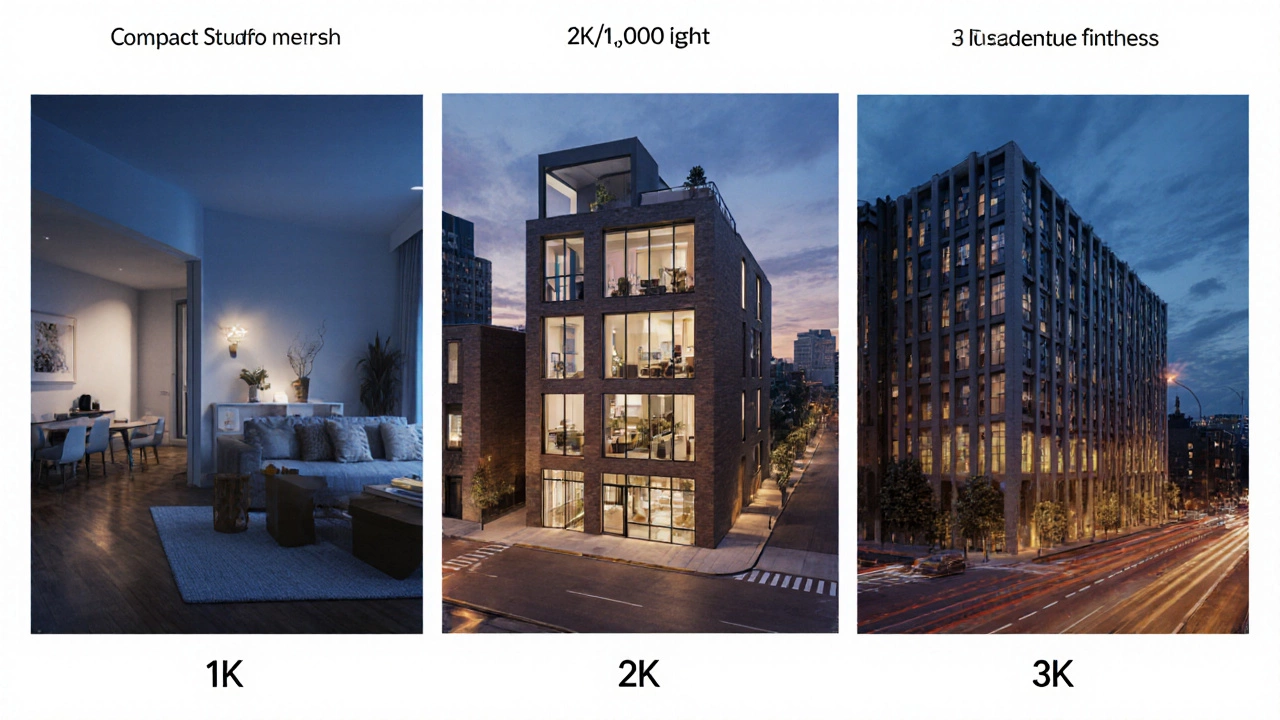 Split‑screen showing small studio, medium 2K, and large 3K apartments side by side.