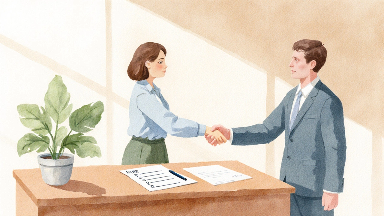 Tenant and landlord shaking hands over a checklist in a bright office.
