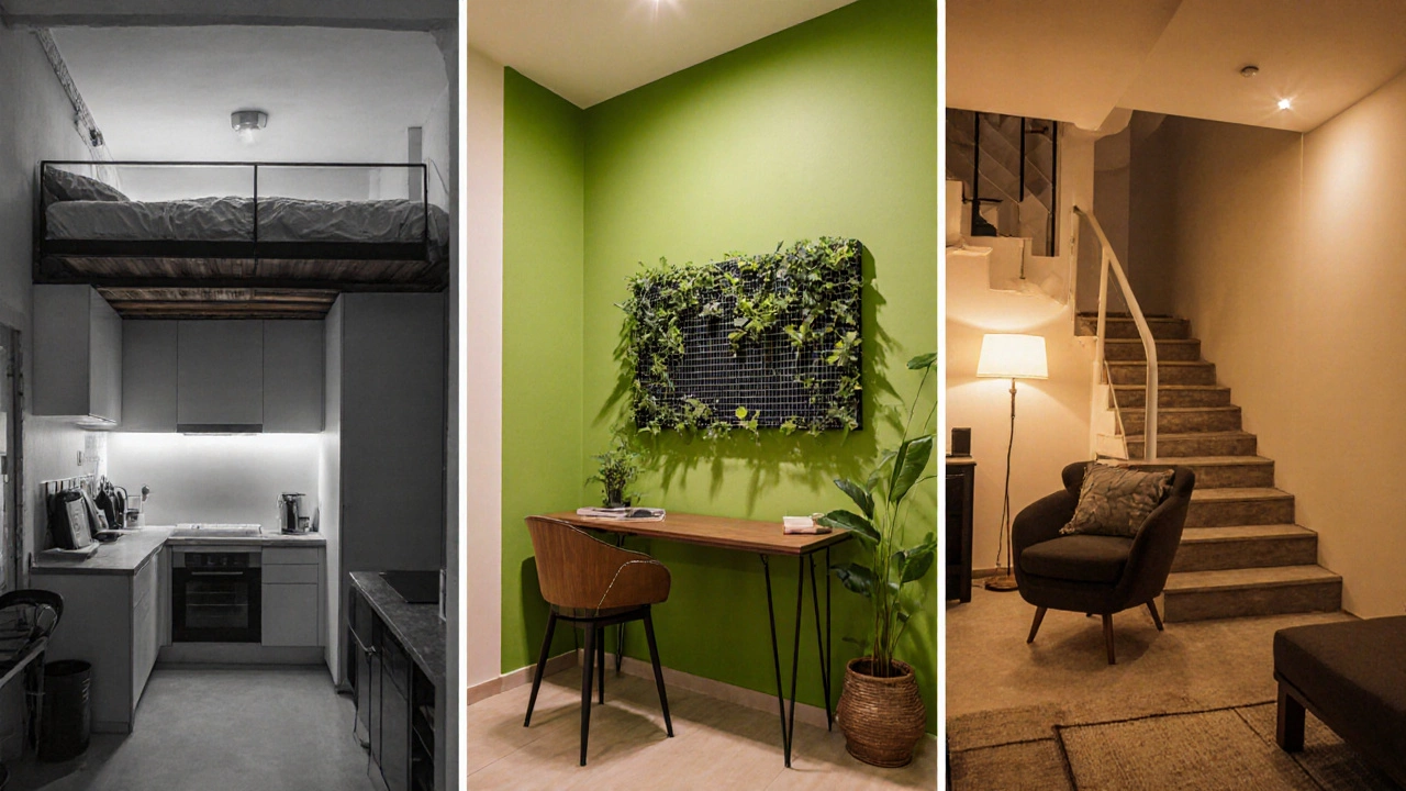 Three compact apartments: Mumbai loft, Bengaluru green‑tech with garden wall, Hyderabad desk setup.