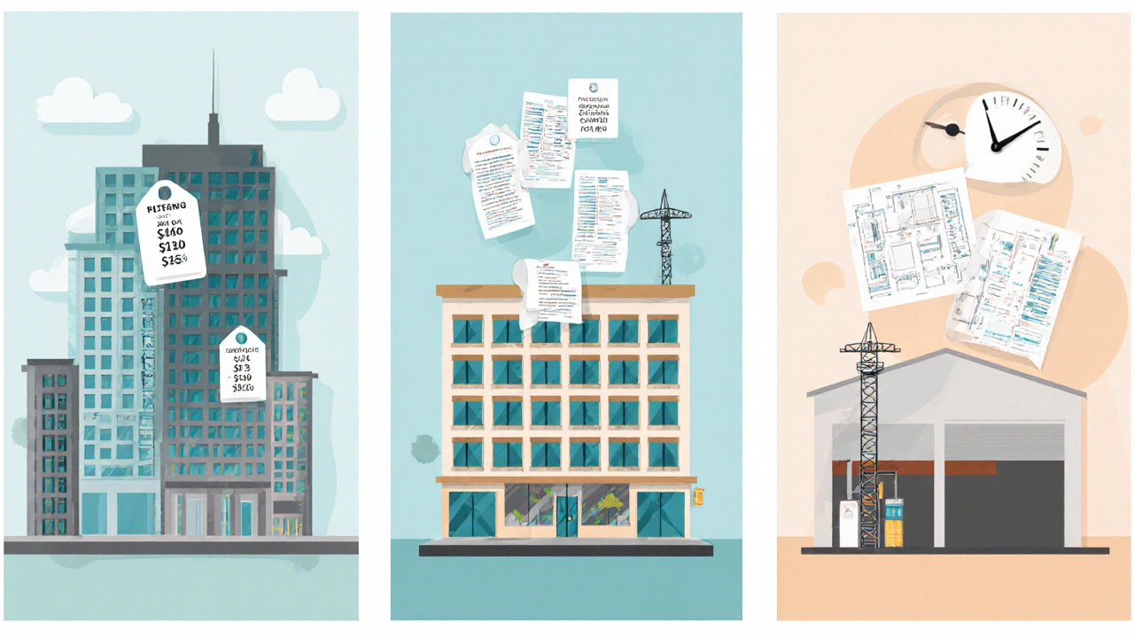 Three side‑by‑side scenes showing sale comparisons, income approach, and cost approach.