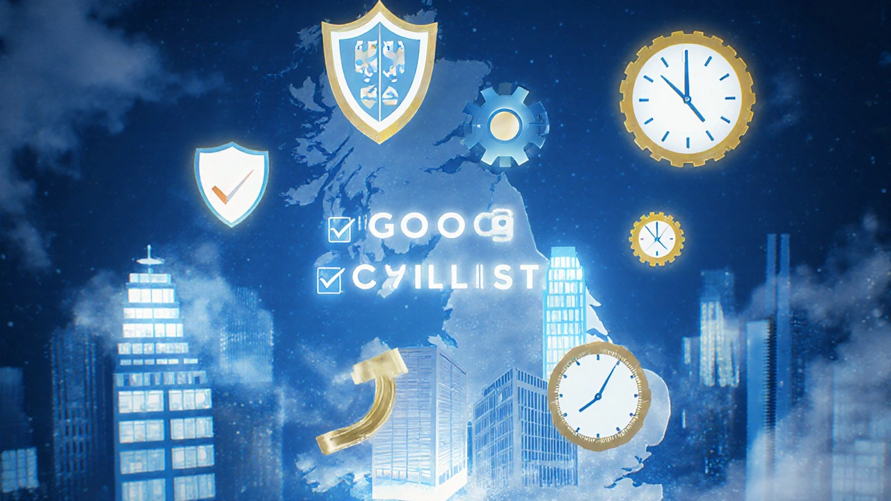 UK map collage with building icons and symbols representing factors of a good commercial yield.