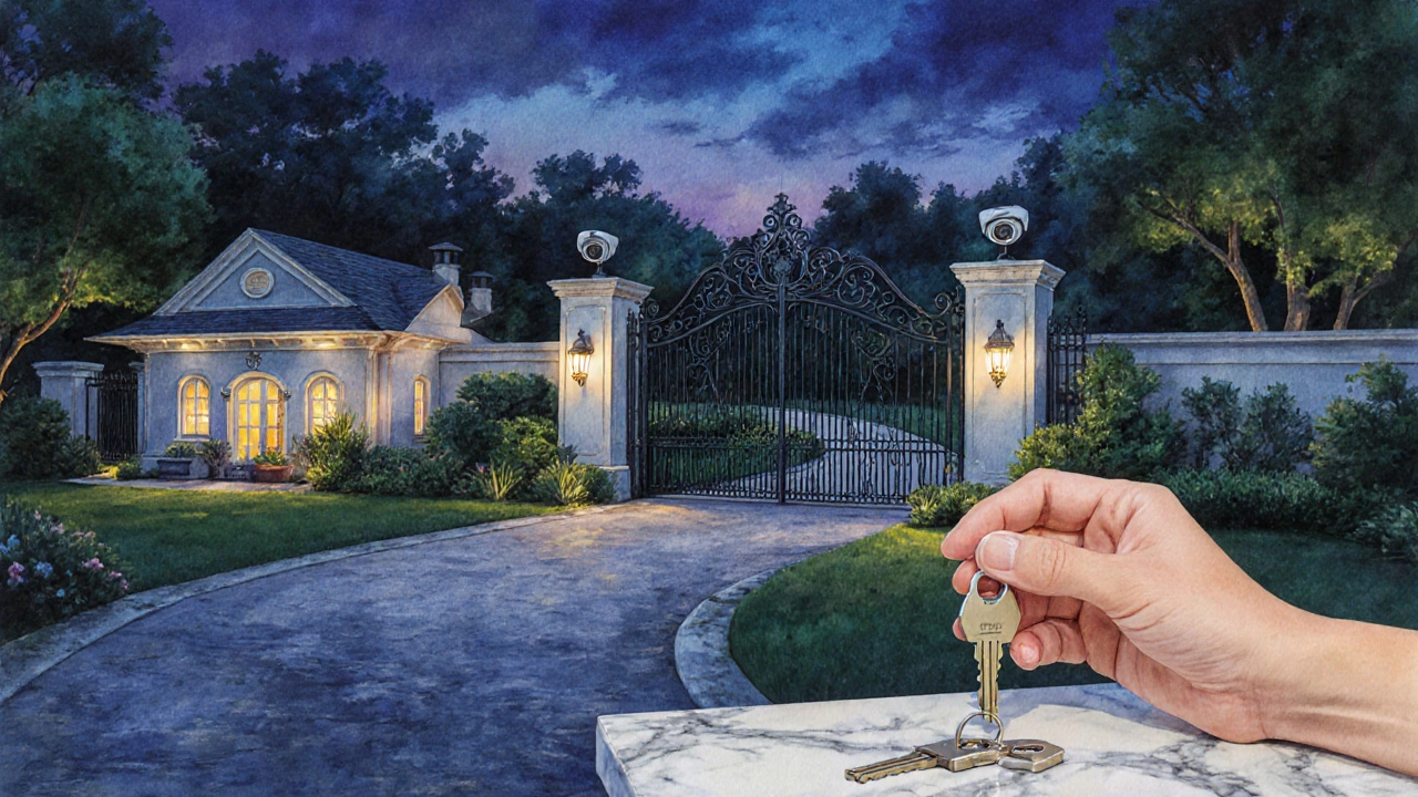 Villa estate with gated entrance, CCTV, guest house, and keys, suggesting security and ownership.
