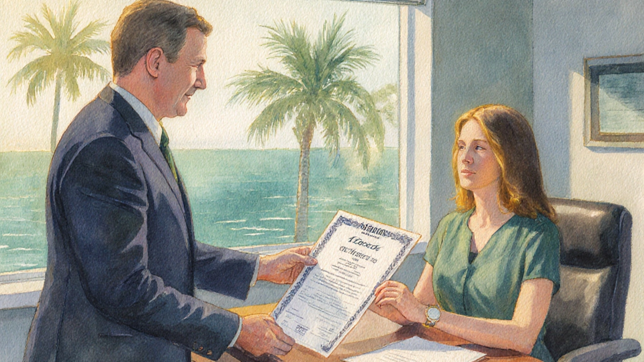Watercolor of a new agent receiving a license certificate in a sunlit office.