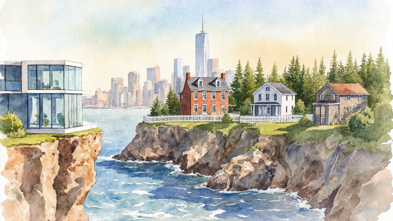 Watercolor scene of five homes representing California, New York, Massachusetts, Washington and Colorado.