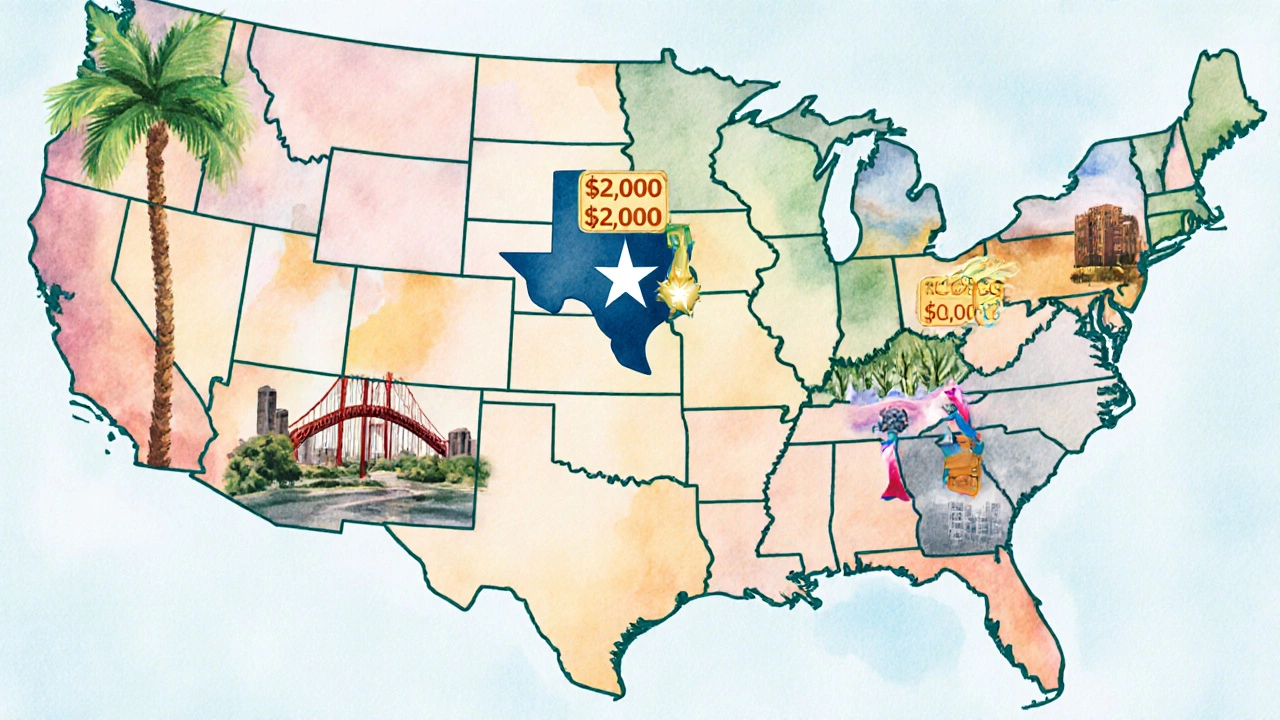 Watercolor US map highlighting FL, TX, CA, NY, IL with exemption icons.