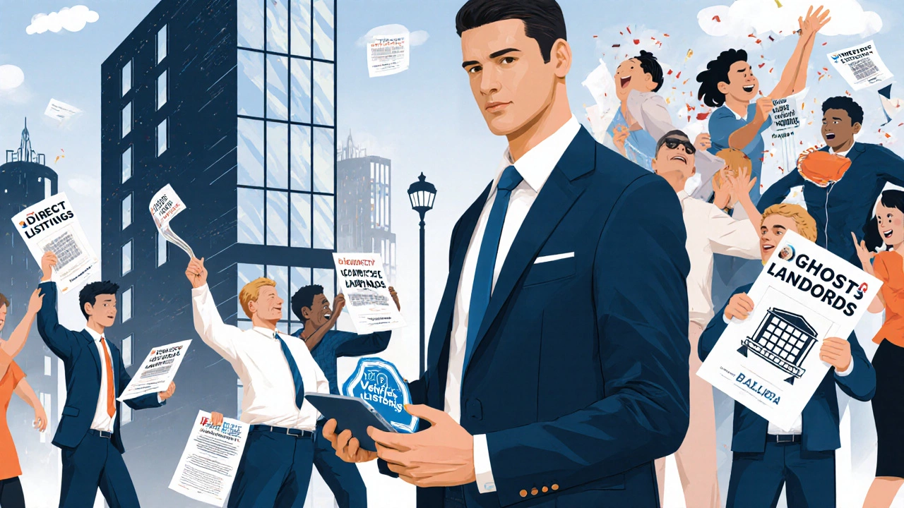 A broker beside a modern flat, contrasting chaotic direct listings with organized property access.