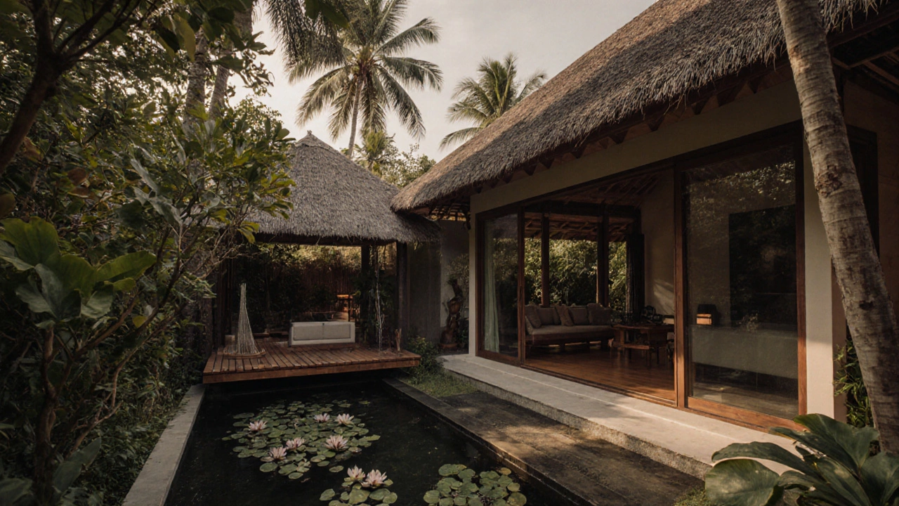 A modern Balinese villa with open-air design, thatched roof, and tropical garden overlooking treetops.