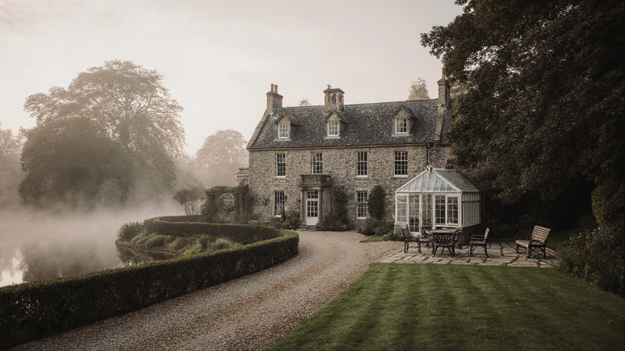 A stone UK countryside villa with a landscaped garden, sash windows, and misty morning light.