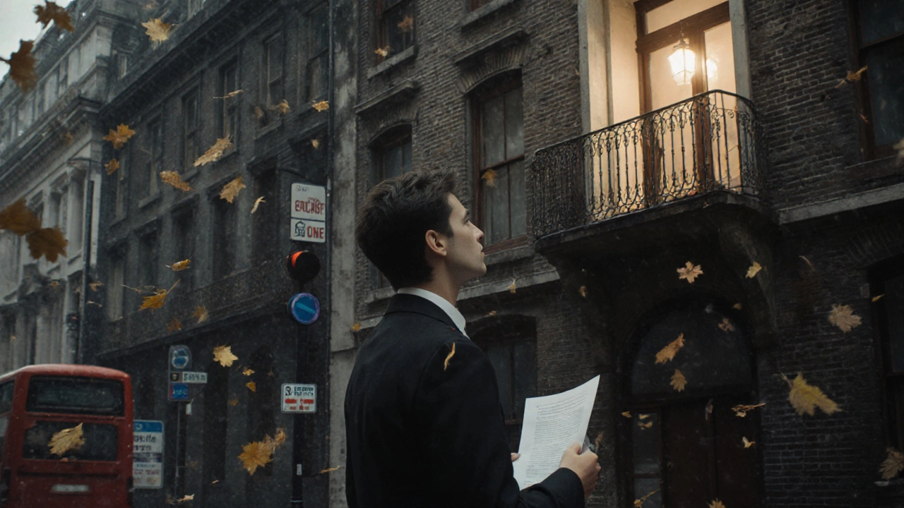 A young professional looks up at a small London flat from outside a converted brick building.