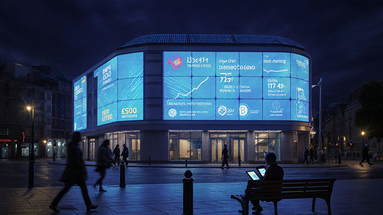 AI-controlled building with digital displays and investor buying property tokens