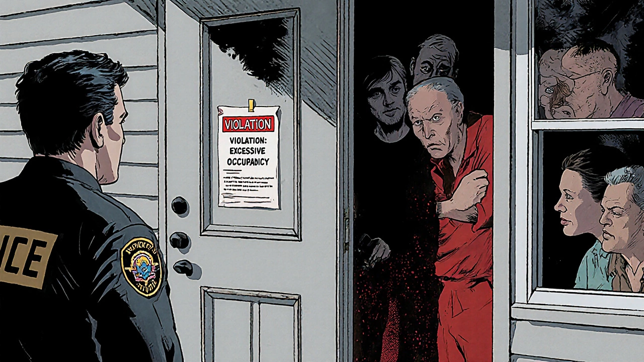 Code officer delivering an occupancy violation notice to nervous tenants outside a suburban Virginia house.