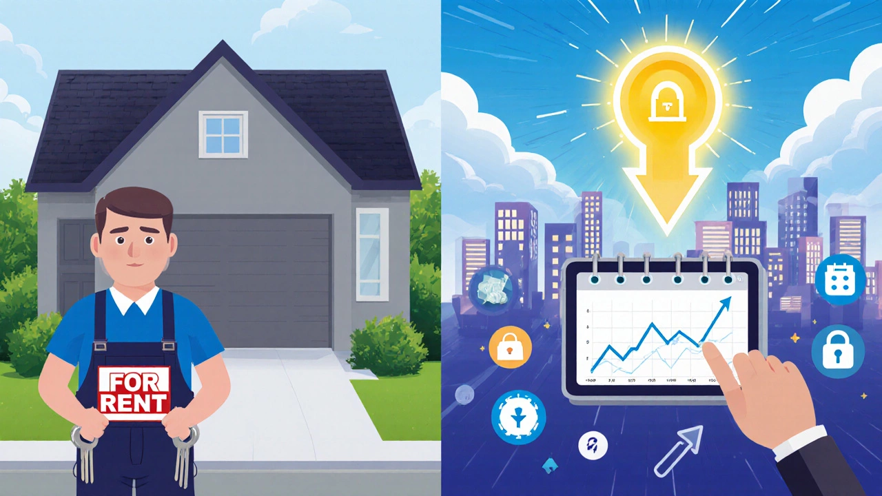 Contrasting image of a struggling long-term landlord versus a tech-savvy short-term rental investor.
