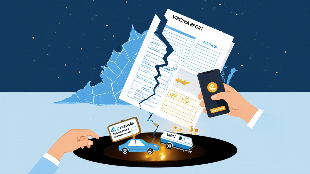 Credit report crumbling as car, boat, and trailer disappear into financial consequences.