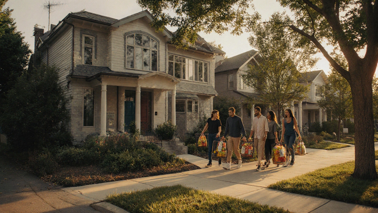 Five unrelated adults entering a four-bedroom house in Arlington County, carrying groceries in a suburban neighborhood.