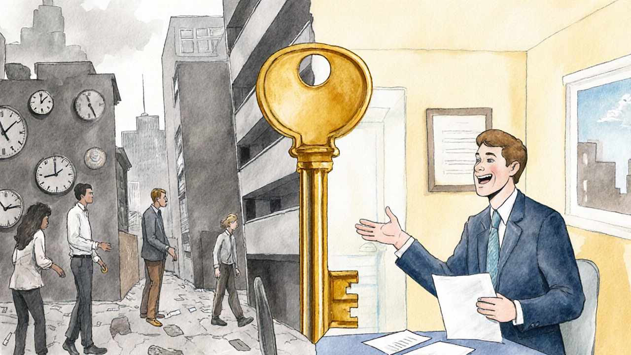 Golden key above split cityscape: chaotic rental hunt vs. smooth move-in with broker guidance.