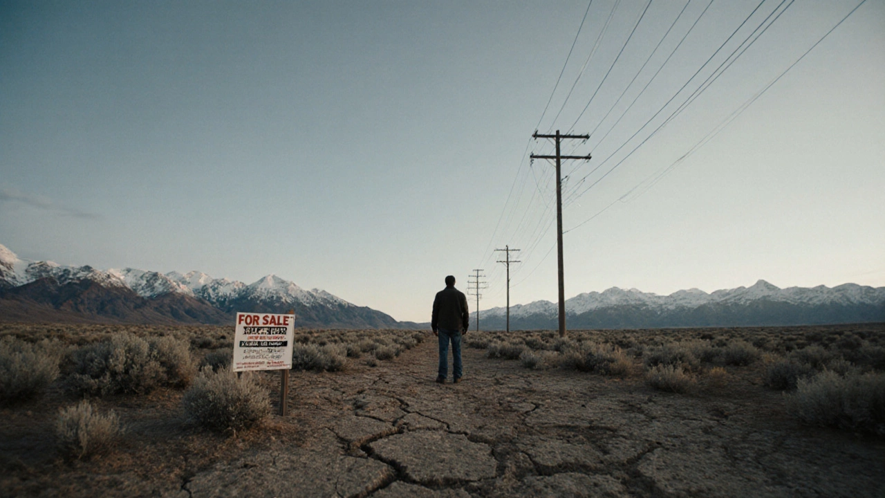 Lone buyer on a remote Utah parcel with distant power lines and cracked desert land.