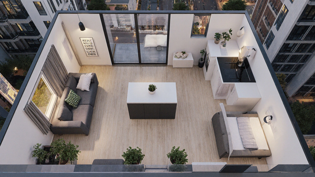 Modern T4 flat layout with three bedrooms, open-plan living area, and balcony in a London new-build.